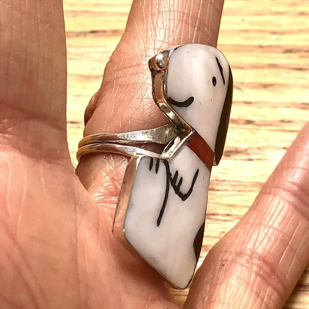 BIG Zuni Snoopy Ring Red Collar Sz 8.5 Inlay 925 Signed Comosona Peanuts Turquoi